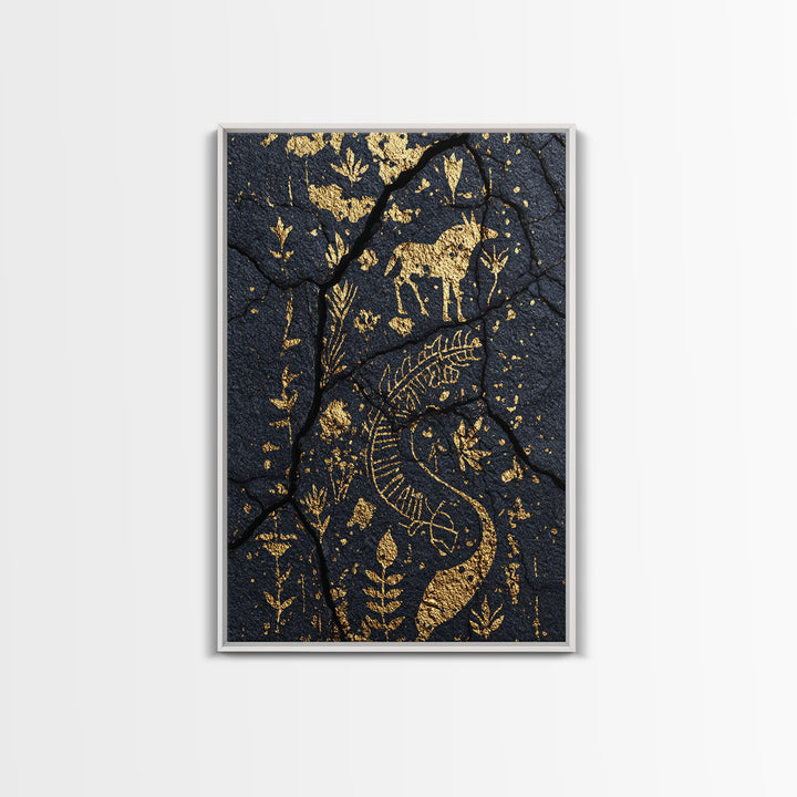 Gold Petroglyph Animals On Cracked Stone Framed Canvas Print, African Tribal Art, African Wall Art, Ethnic Wall Decor, Home Decor