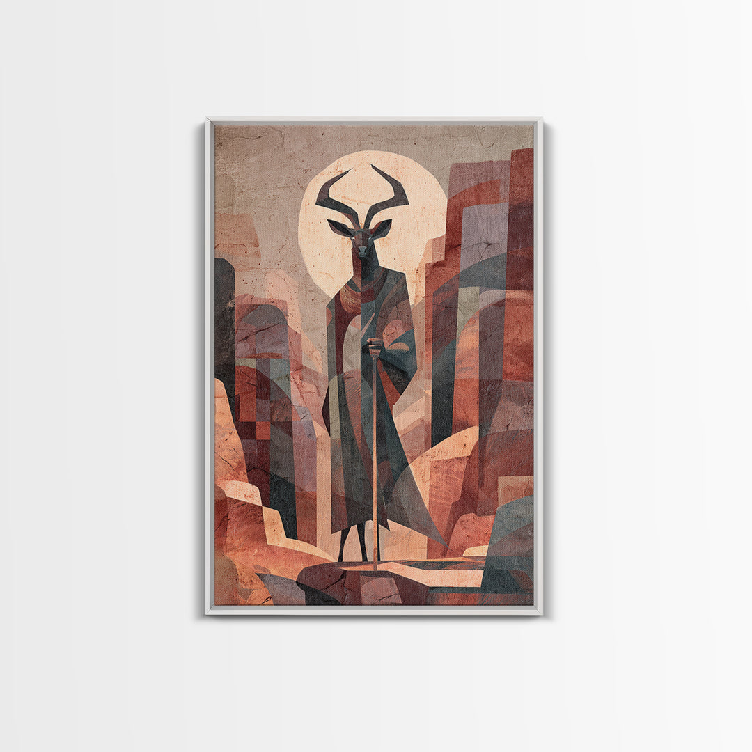 Antelope Mask Spirit In Abstract Cityscape Canvas Print, African Mask Art, Abstract African Art, Afrocentric Wall Art, Bold Decor