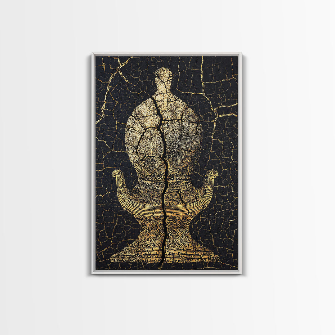 Gold Ancient Figure On Black Cracked Stone Framed Canvas Print, African Sculpture, African Art Decor, Tribal Art Print, Black Art