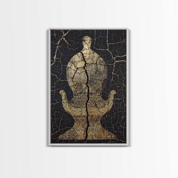 Gold Ancient Figure On Black Cracked Stone Framed Canvas Print, African Sculpture, African Art Decor, Tribal Art Print, Black Art