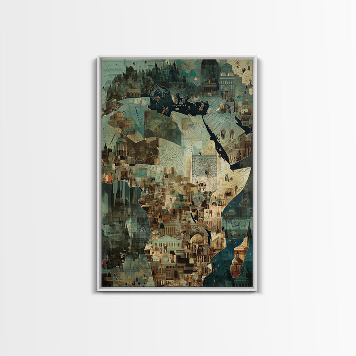 Africa City Collage Wall Art, Teal Architectural Canvas Print, African Travel Poster, Modern Cultural Home Decor Artwork