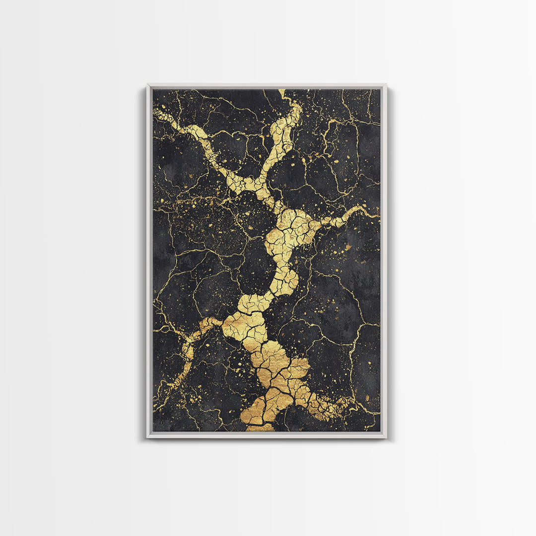 Black Gold Cracked Abstract Wall Art, Marble Texture Canvas Print, Luxury Modern Art, Earth Tone Home Decor Artwork Gift