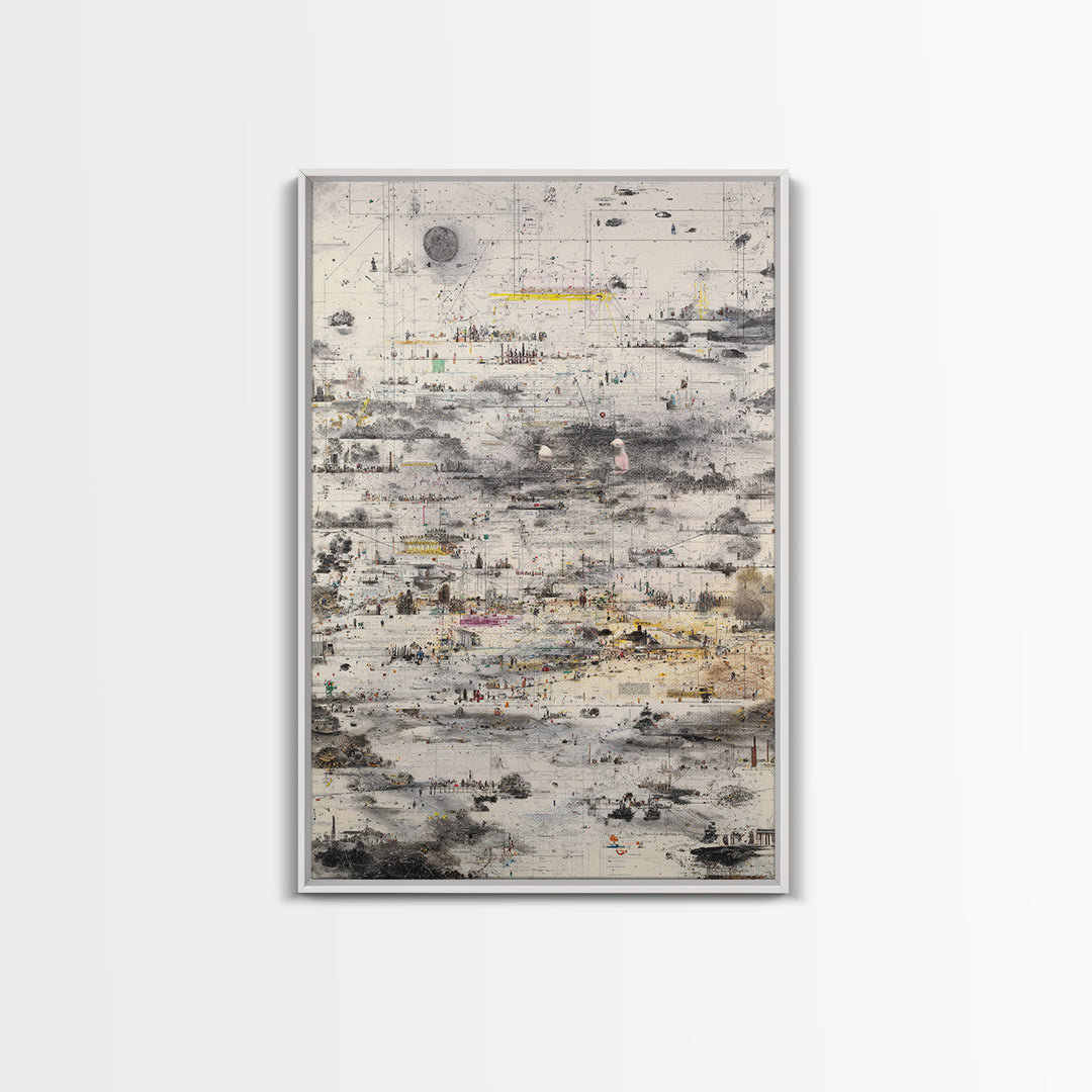 Abstract Monochrome City Grid With Tiny Figures Wall Art, Modern African Inspired Urban Map, Neutral Gallery Home Decor Print