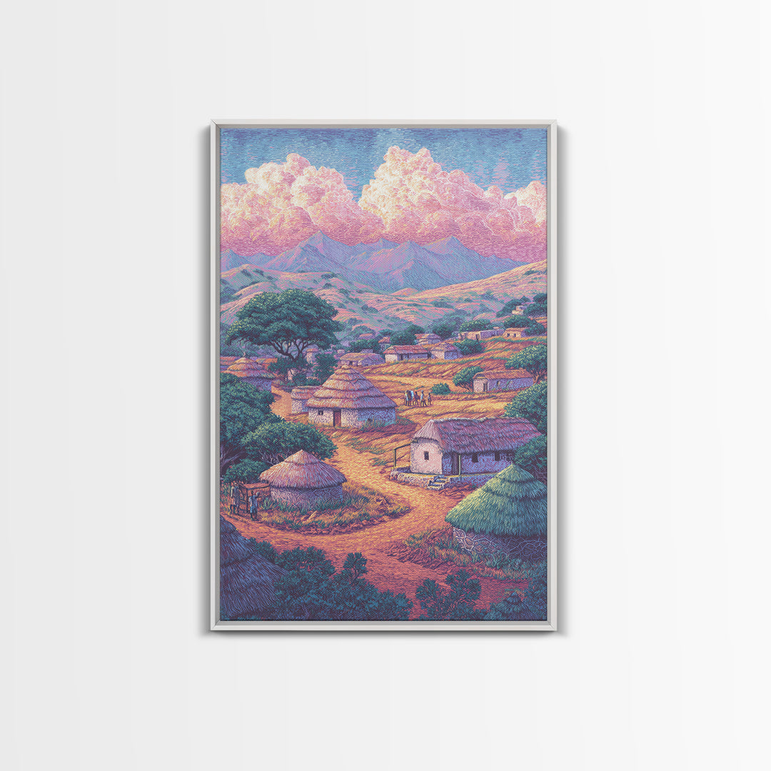 Colorful African Village Huts Beneath Pink Clouds Canvas Print, Mountain Landscape, Cultural Home Decor, Motherland Wall Art