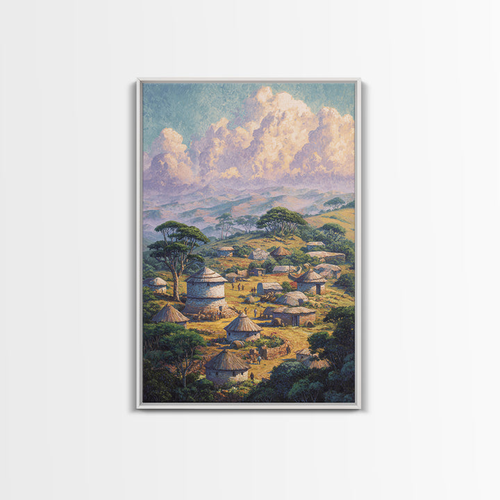 Serene African Village With Huts And Acacia Trees Wall Art, Safari Landscape Canvas Print, Cultural Home Decor Gift For Living Room
