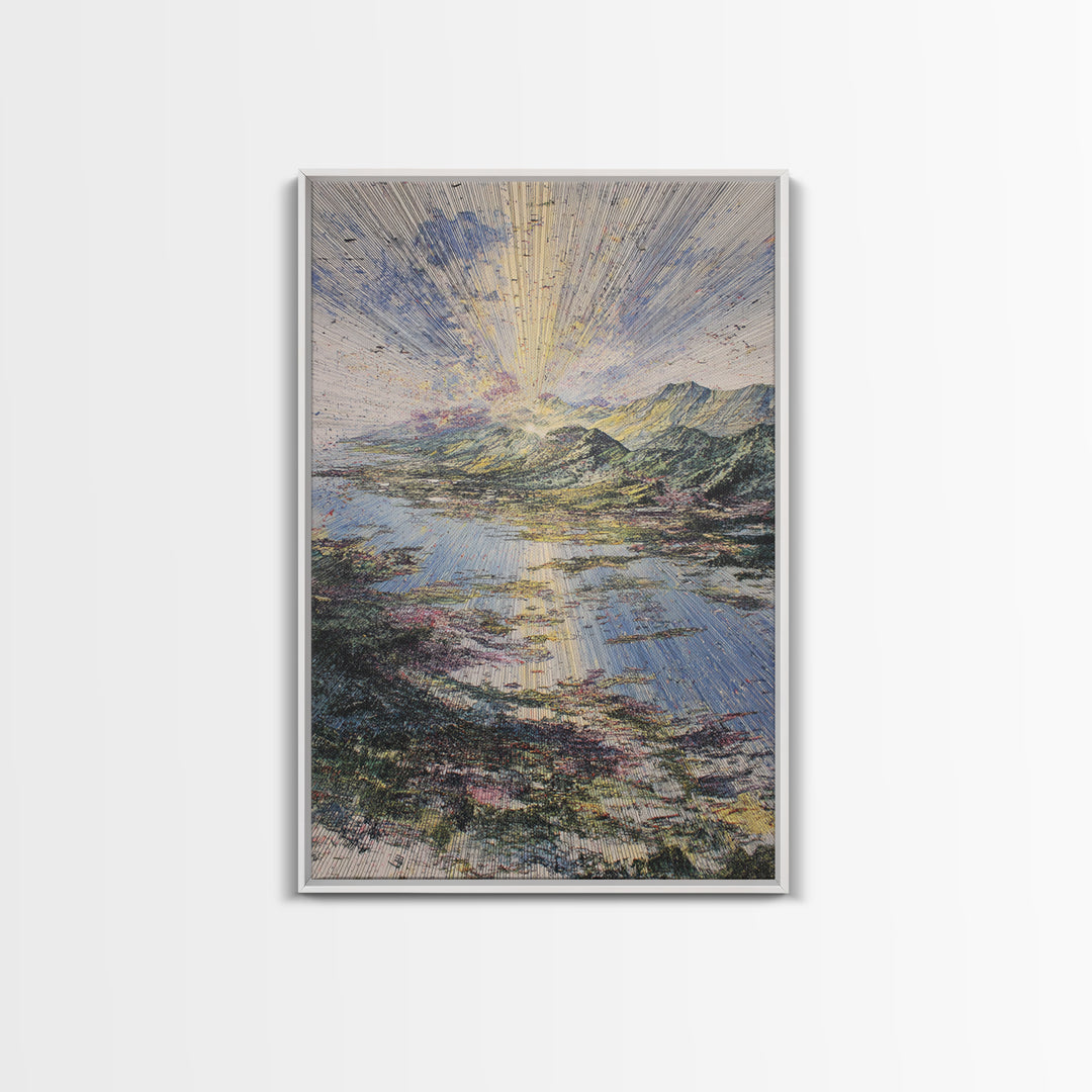 Radiant Sunrise Over African Lake And Mountains Framed Canvas Print, Abstract Landscape Wall Art, Dreamy Nature Home Decor