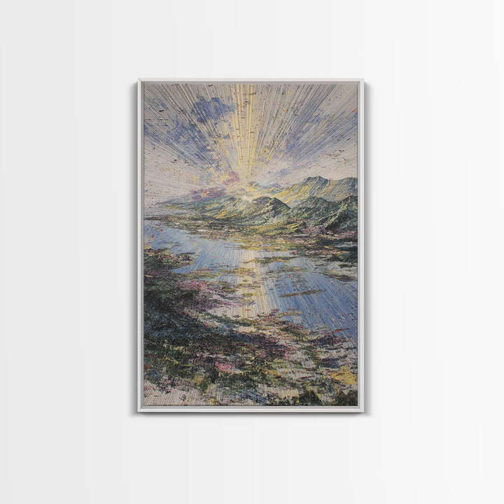 Radiant Sunrise Over African Lake And Mountains Framed Canvas Print, Abstract Landscape Wall Art, Dreamy Nature Home Decor