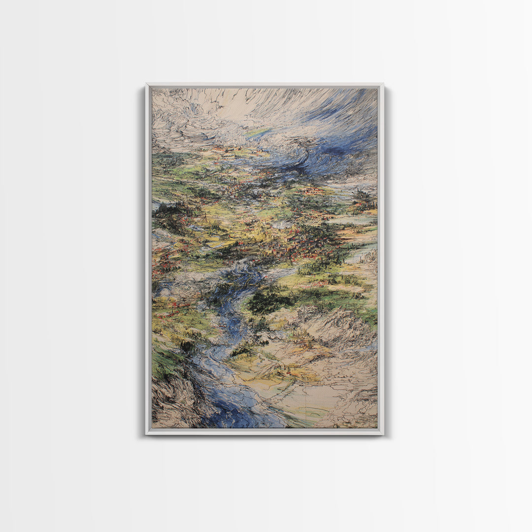 Sweeping River Valley And Mountain Village Wall Art, African Landscape Canvas Print, Textured Nature Scene For Living Room