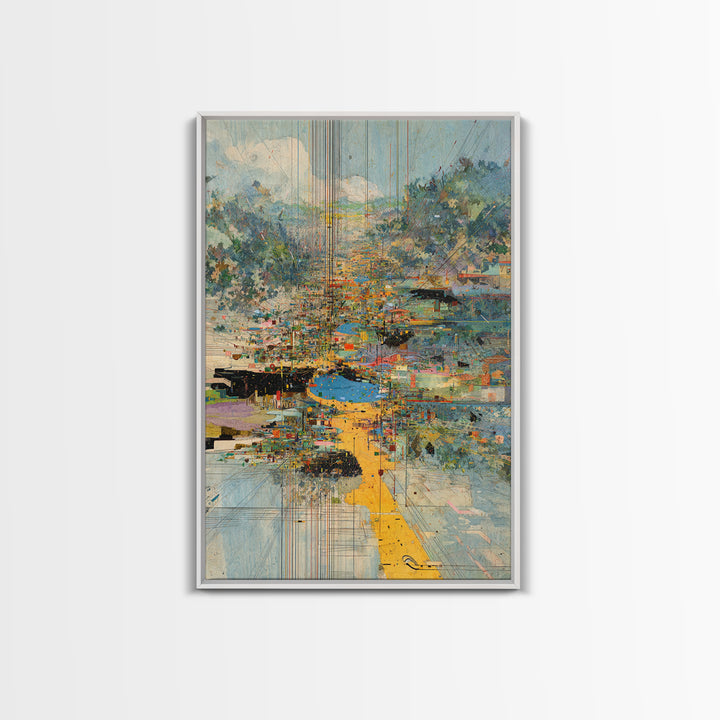 Abstract Riverside City With Golden Path Wall Art, Modern African Inspired Landscape Canvas Print, Colorful Home Decor Gift