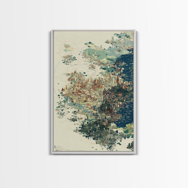 Abstract Coastal City Map In Teal And Indigo Canvas Print, Modern African Inspired Wall Art, Geometric Urban Home Decor Gift