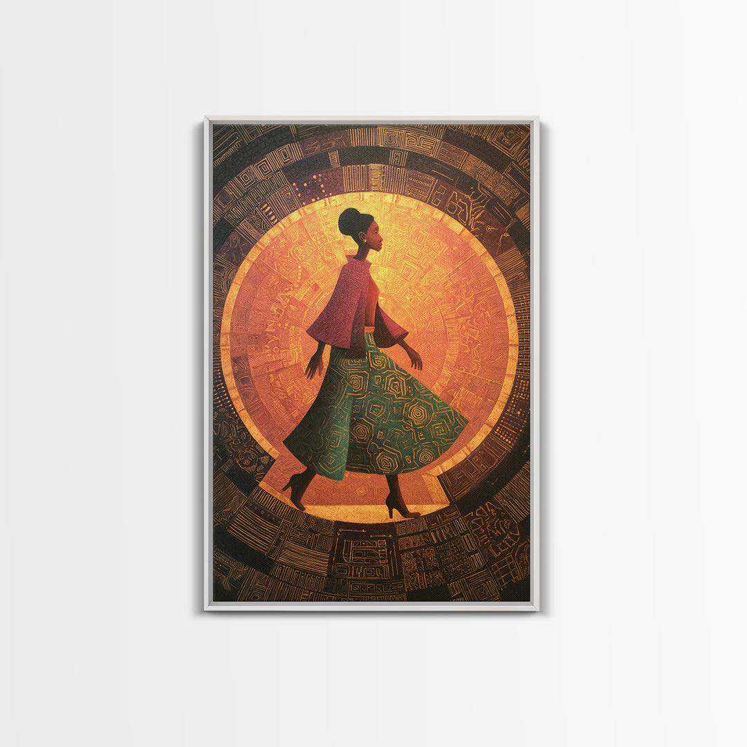 Elegant African Woman In Green Patterned Skirt Wall Art, Golden Halo Canvas Print, Afrocentric Black Beauty Home Decor Gift