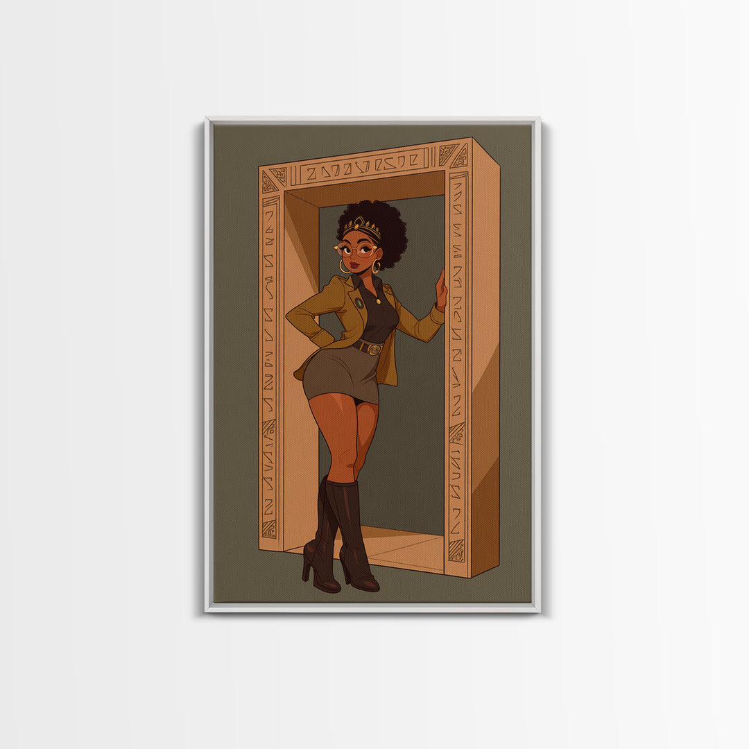 Stylish Black Queen In Carved Doorway Canvas Print, African American Comic Wall Art, Empowered Woman Fashion Home Decor Gift