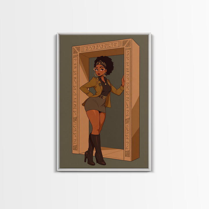 Stylish Black Queen In Carved Doorway Canvas Print, African American Comic Wall Art, Empowered Woman Fashion Home Decor Gift