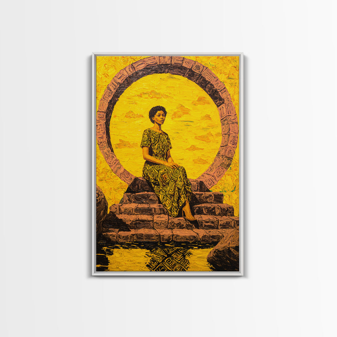 Golden African Woman By Sacred Stone Arch Canvas Print, Afrocentric Wall Decor, Black Queen Portrait, Ankara Home Decor Gift