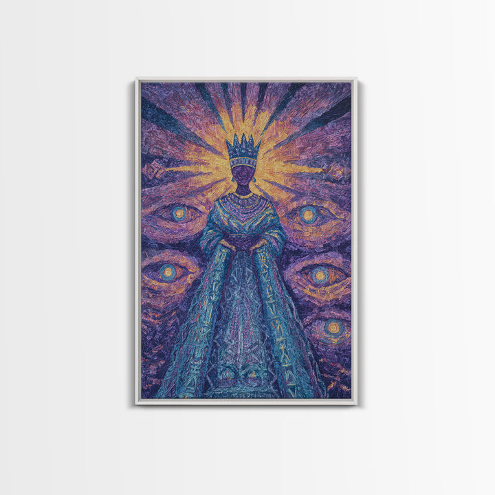Mystical African Queen With Radiant Eyes Framed Canvas Print, Afrocentric Wall Art, Black Goddess Portrait, Spiritual Decor