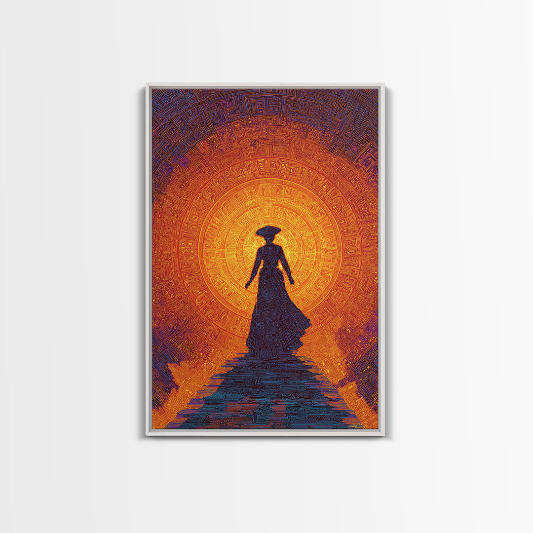 Silhouette Woman Before Sun Mandala Canvas Print, African Inspired Wall Decor, Burnt Orange Art, Feminine Spiritual Gift