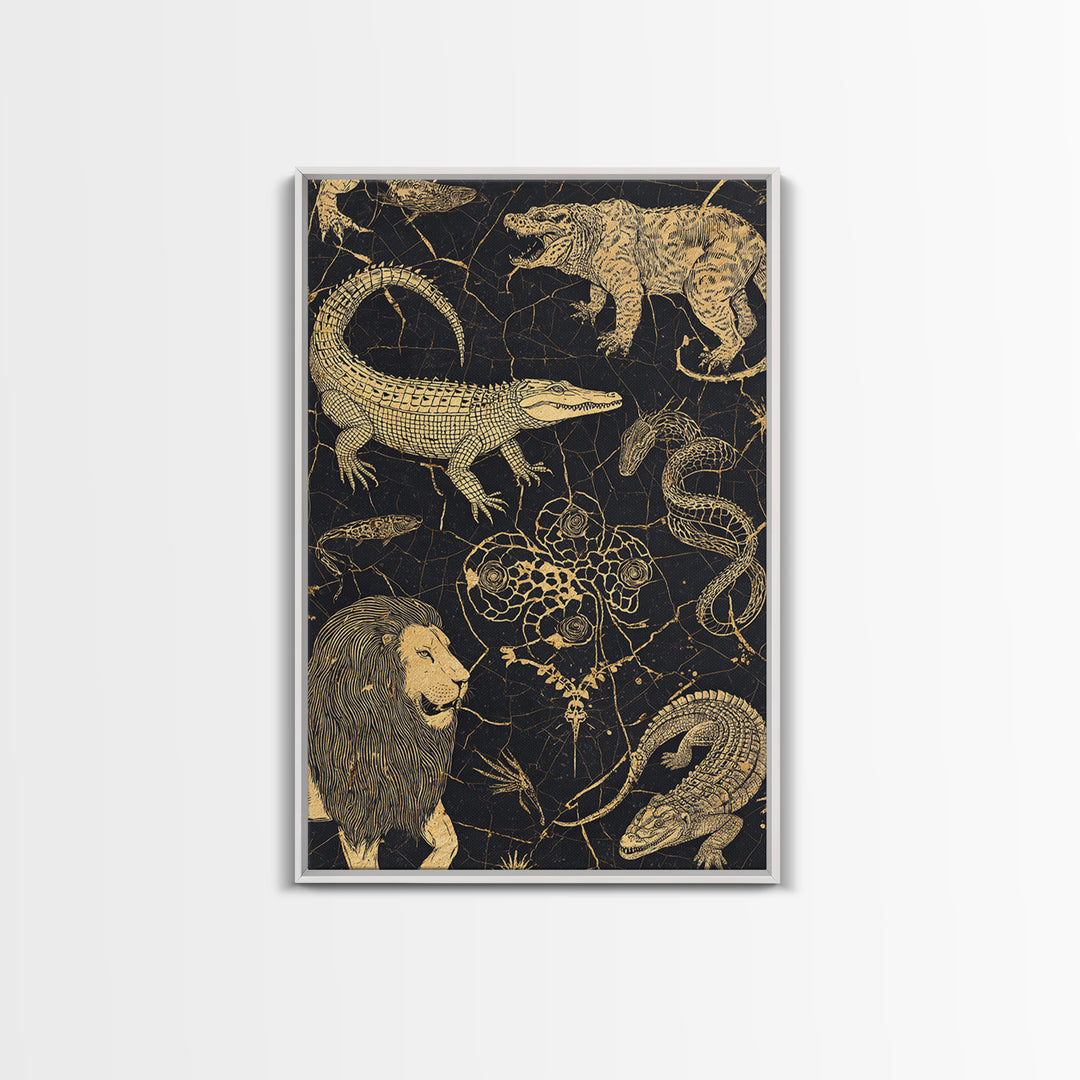 Gold Engraved Safari Animals Wall Art, African Animal Art, Tribal Wildlife Decor, Lion Crocodile Snake Canvas Print Style