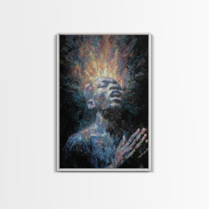 Praying Black Man With Radiant Spirit Framed Canvas Print, African American Art, Afrocentric Wall Decor, Meditation Gift