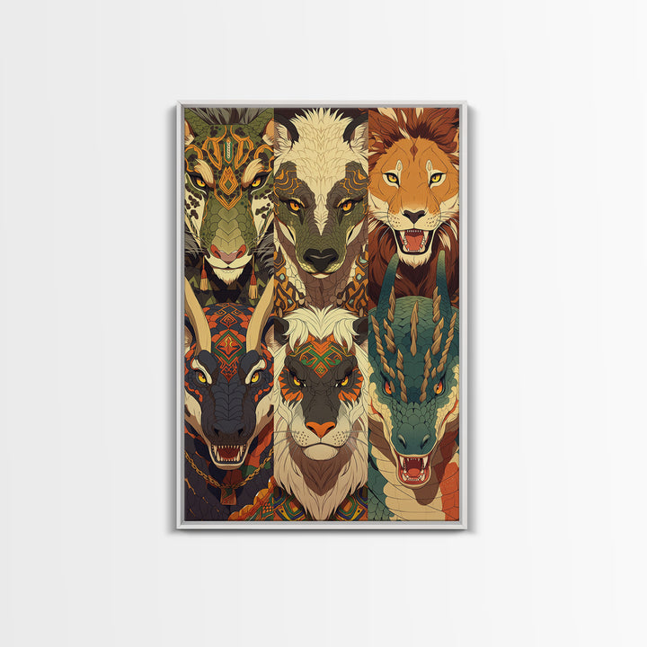 Six Tribal Safari Animal Totems Canvas Print, African Inspired Wall Decor, Lion Elephant Giraffe Dragon, Bold Home Decor