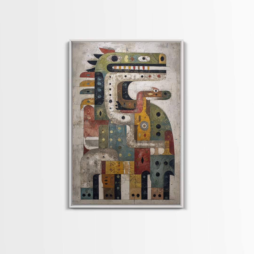 Geometric Tribal Bird Creature Canvas Print, Abstract African Art, Ethnic Wall Decor, Modern Cubism For Boho Home Decor Gift