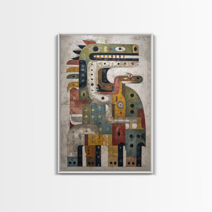 Geometric Tribal Bird Creature Canvas Print, Abstract African Art, Ethnic Wall Decor, Modern Cubism For Boho Home Decor Gift