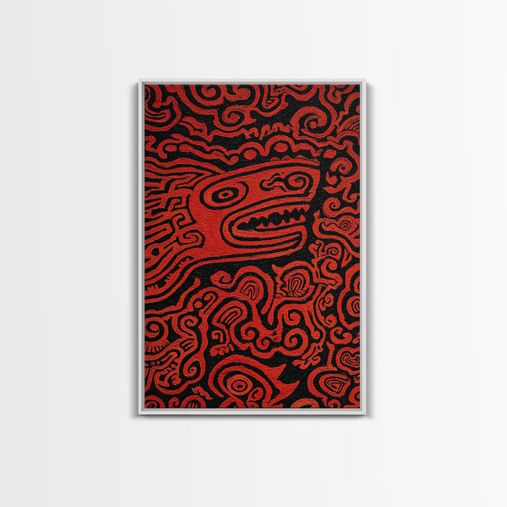 Red Tribal Lizard Pattern Wall Art, African Abstract Textile Art, Bold Ethnic Decor, Modern Black And Red Canvas Design Gift