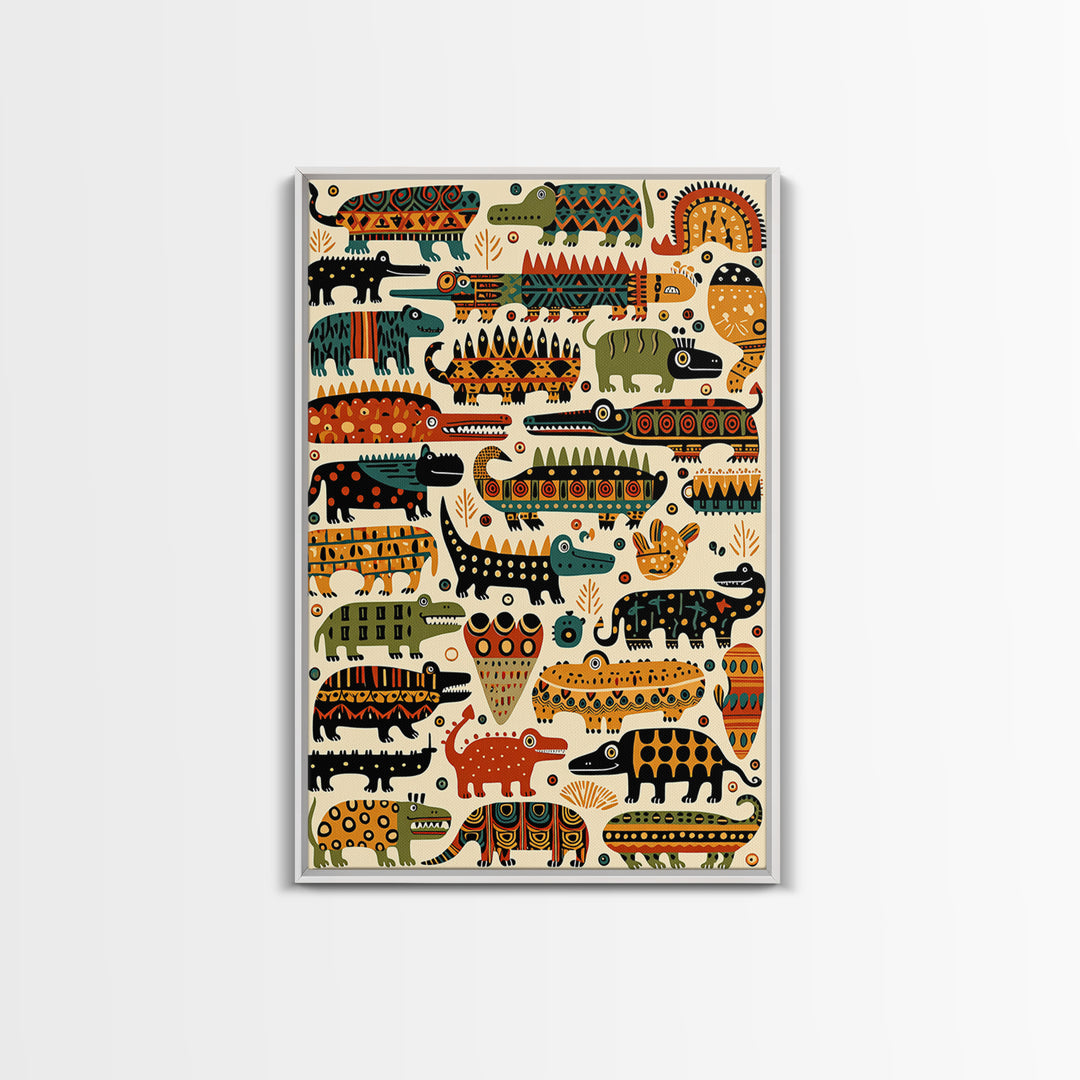 Whimsical Crocodile Pattern Canvas Print, Colorful African Animal Art, Kids Room Wall Decor, Tribal Safari Nursery Art Gift