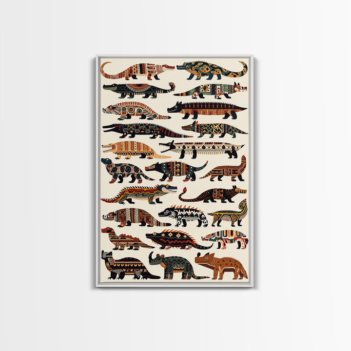 Tribal Crocodile Collection Canvas Print, African Animal Art, Patterned Safari Wall Decor, Boho Kids Room Decor Gift For Him