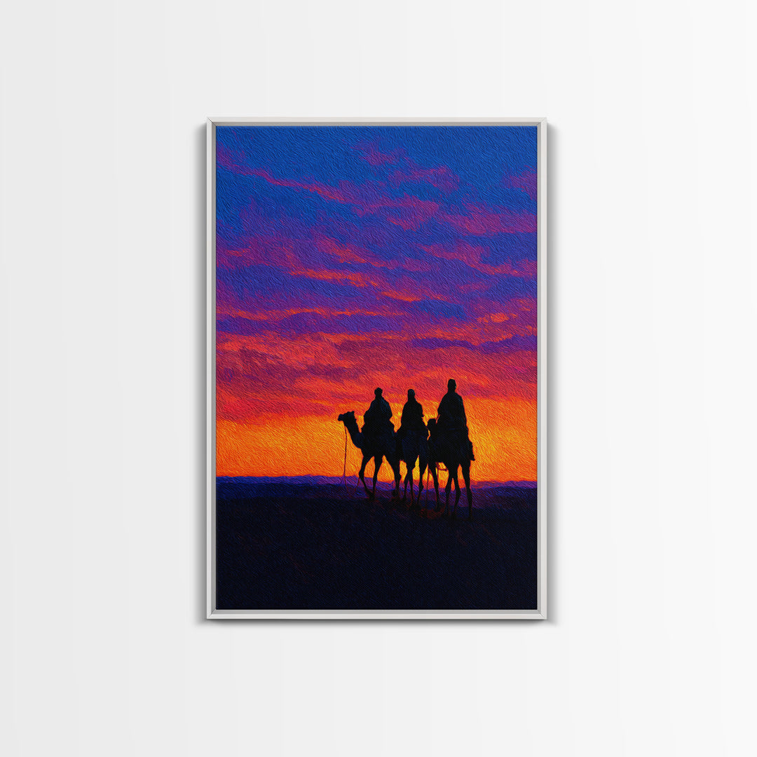 Camel Caravan At Sunset Wall Art, African Landscape Print, Desert Travel Decor, Boho Safari Canvas For Living Room Art Gift