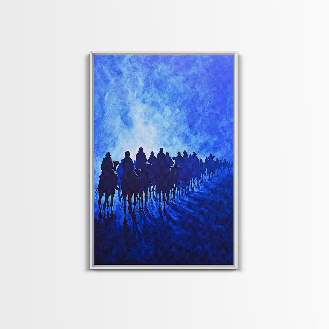 Blue Desert Horse Caravan Canvas Print, African Landscape Art, Sahara Travel Wall Decor, Dreamy Blue Painting For Living Room