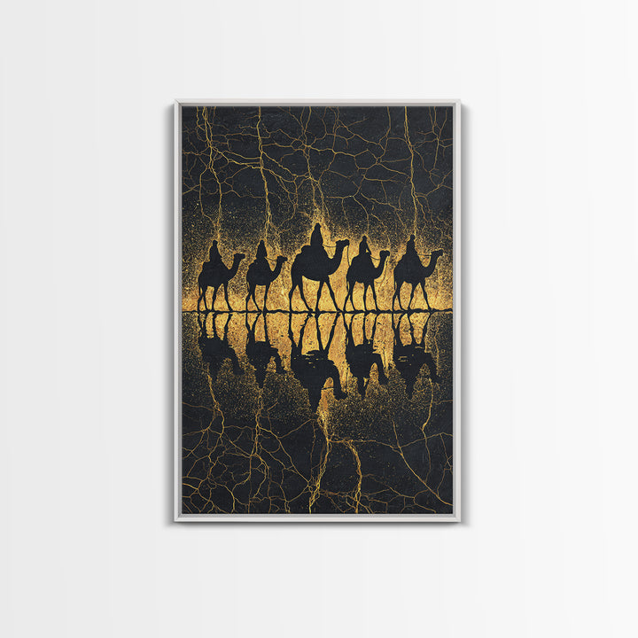 Gold Camel Caravan Reflection Wall Art, African Safari Art Print, Black Gold Desert Decor, Luxury Canvas For Living Room
