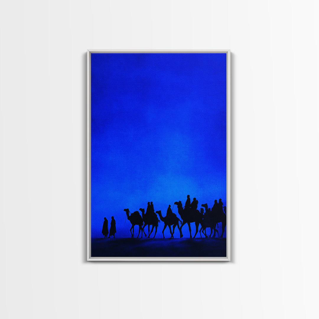 Blue Desert Camel Caravan Canvas Print, African Travel Poster, Modern Safari Wall Decor, Minimalist Blue Bedroom Art Gift