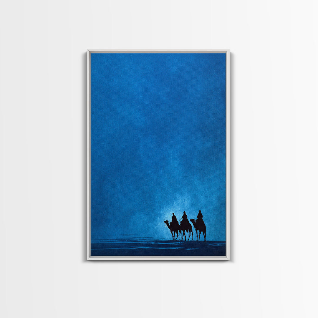 Three Blue Camel Riders Wall Art, African Safari Art Print, Serene Desert Landscape, Modern Canvas Decor For Living Room