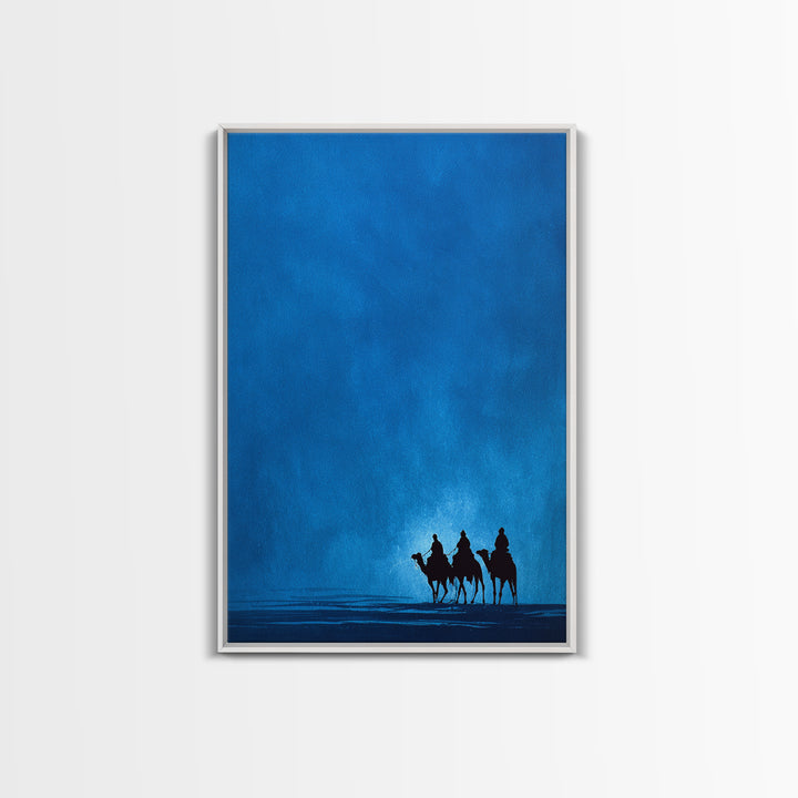 Three Blue Camel Riders Wall Art, African Safari Art Print, Serene Desert Landscape, Modern Canvas Decor For Living Room