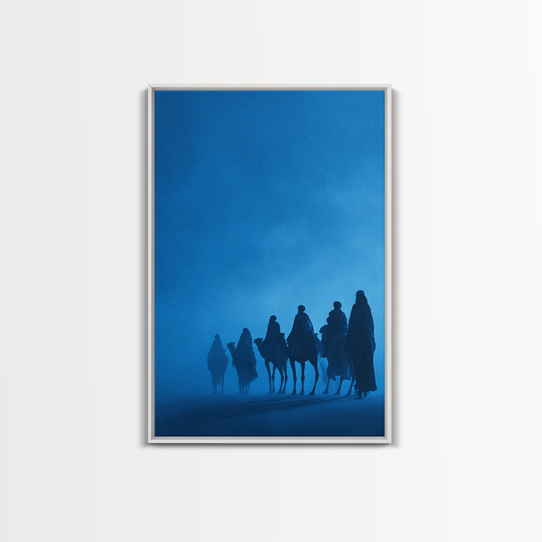 Misty Blue Tuareg Caravan Framed Canvas Print, African Travel Wall Art, Sahara Desert Decor, Boho Bedroom Artwork Gift For Home