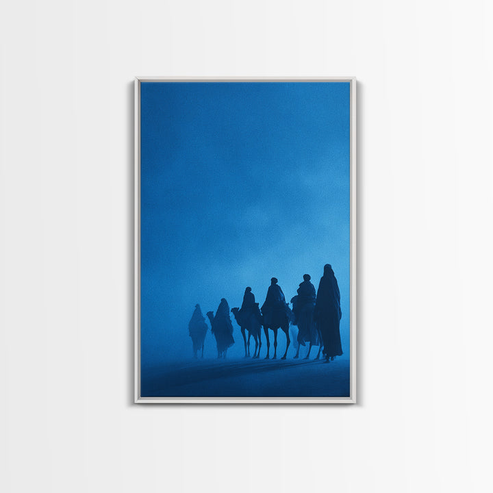 Misty Blue Tuareg Caravan Framed Canvas Print, African Travel Wall Art, Sahara Desert Decor, Boho Bedroom Artwork Gift For Home