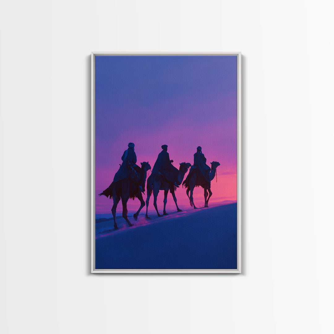Purple Sunset Camel Riders Canvas Print, African Safari Wall Art, Boho Desert Landscape Decor, Dreamy Bedroom Gift For Her