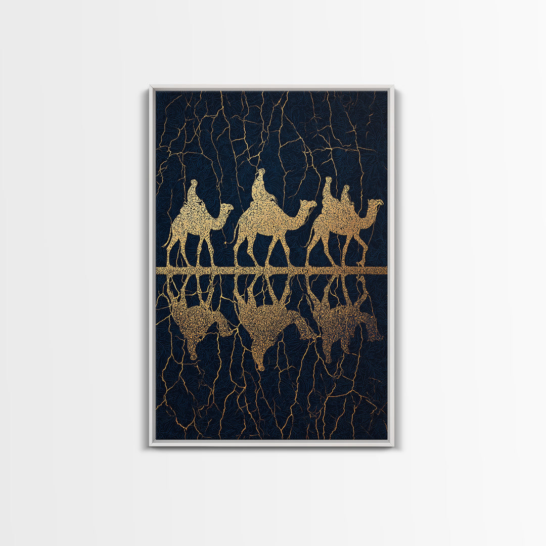 Gold Camel Trio Reflection Framed Canvas Print, African Safari Art, Black Gold Wall Decor, Luxury Desert Statement Piece