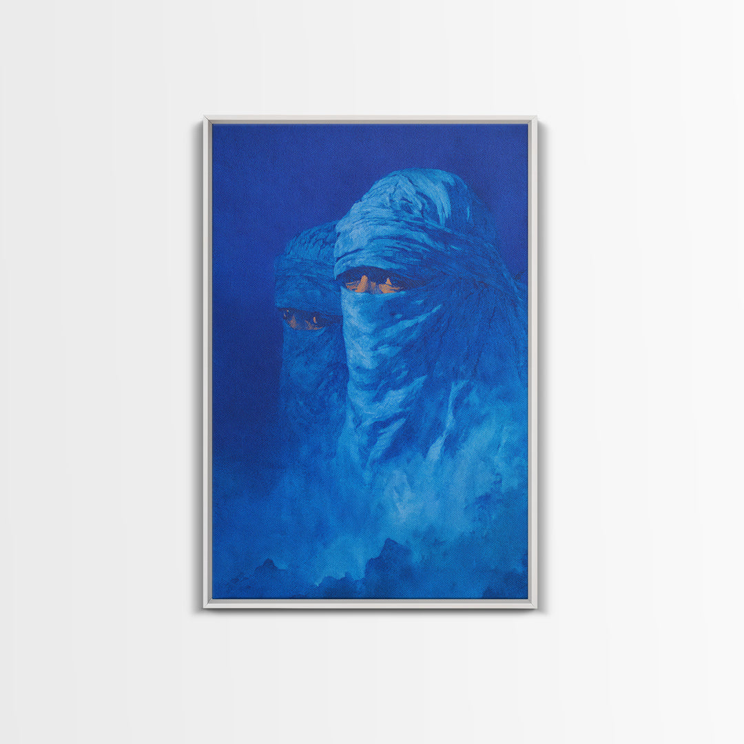 Blue Veiled Tuareg Portrait Wall Art, African Culture Art Print, Sahara Nomad Decor, Mystical Blue Canvas For Bedroom Gift