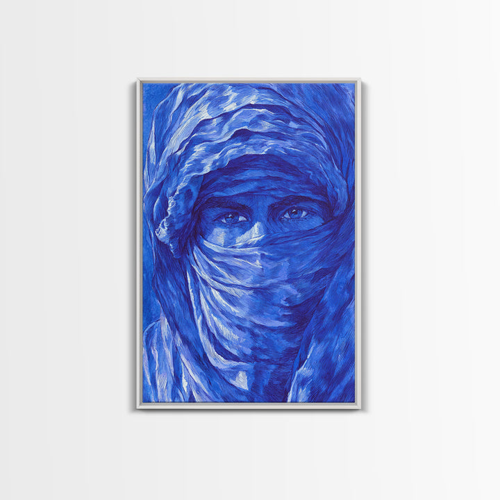 Blue Veiled Woman Portrait Canvas Print, African Woman Art, Sahara Travel Wall Decor, Elegant Cultural Home Decor Gift For Her