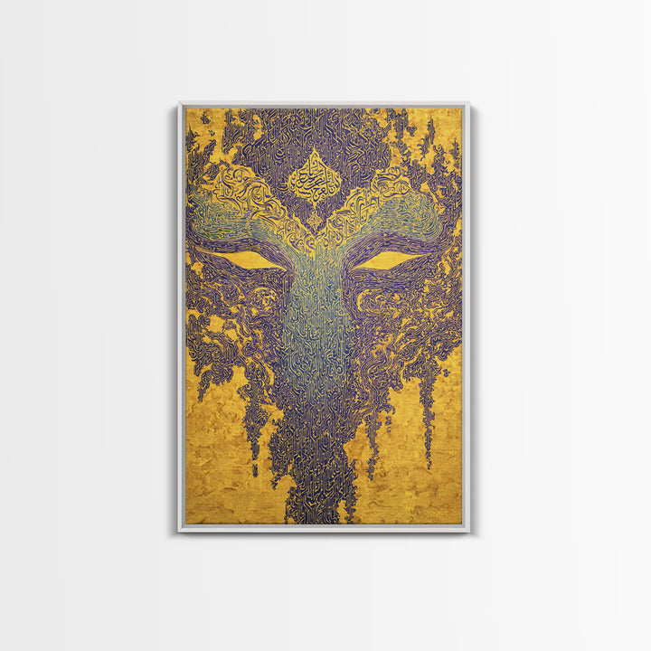Ornate Blue Gold African Mask Wall Art, Abstract Tribal Art Print, Afrocentric Decor, Luxury Canvas Statement Piece For Home