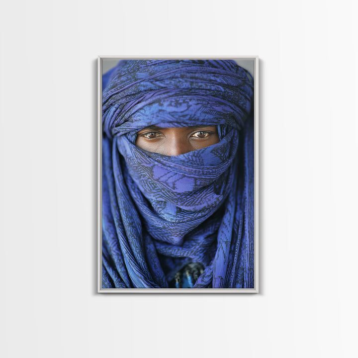 Indigo Tuareg Veiled Eyes Portrait Wall Art, African Wall Art, Blue Desert Nomad Decor, Afrocentric Canvas Print Gift For Home