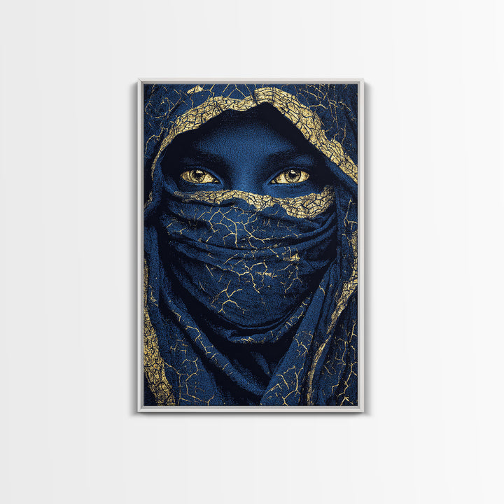 Gold Cracked Indigo Veiled Woman Framed Canvas Print, African Woman Art, Black Goddess Art, Luxury Afrocentric Wall Decor