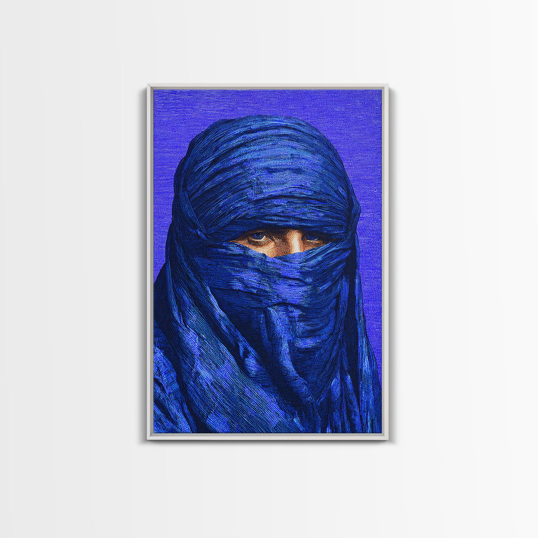 Electric Blue Turban Portrait Wall Art, African Portrait, Indigo Textile Art, Modern Afrocentric Canvas Print Bedroom Decor