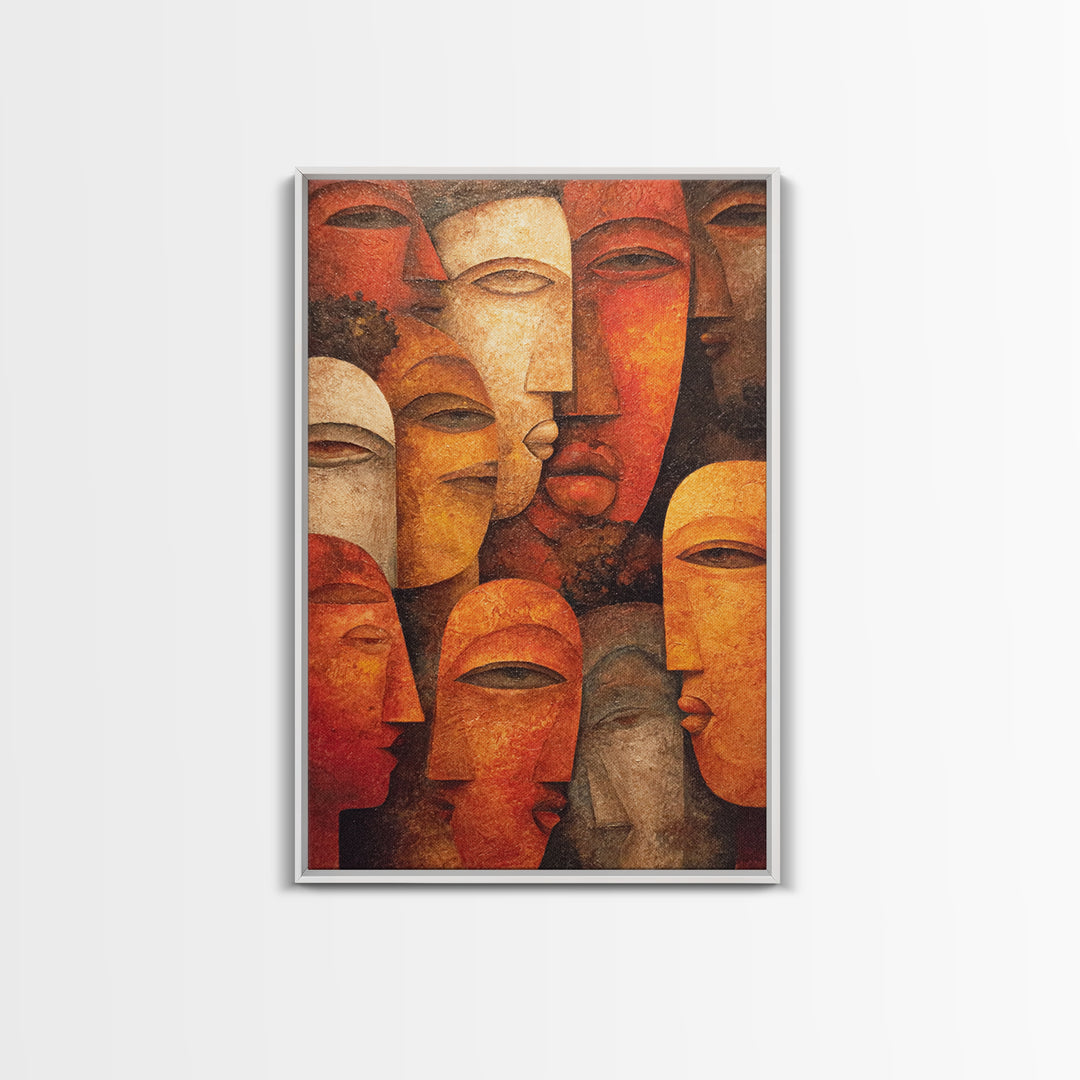 Layered African Mask Faces Wall Art, African Tribal Art, African Mask Art, Terracotta Abstract Canvas Print Cultural Decor