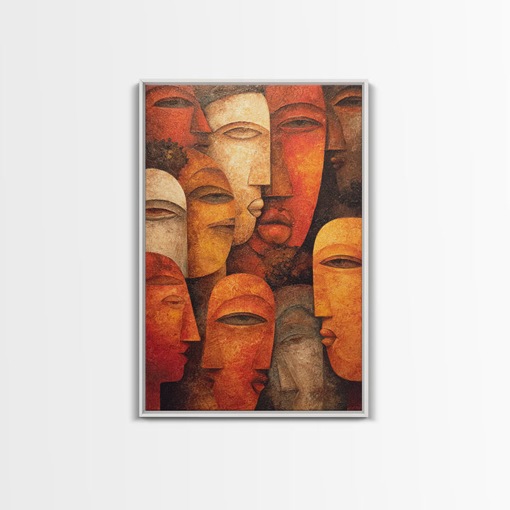 Layered African Mask Faces Wall Art, African Tribal Art, African Mask Art, Terracotta Abstract Canvas Print Cultural Decor