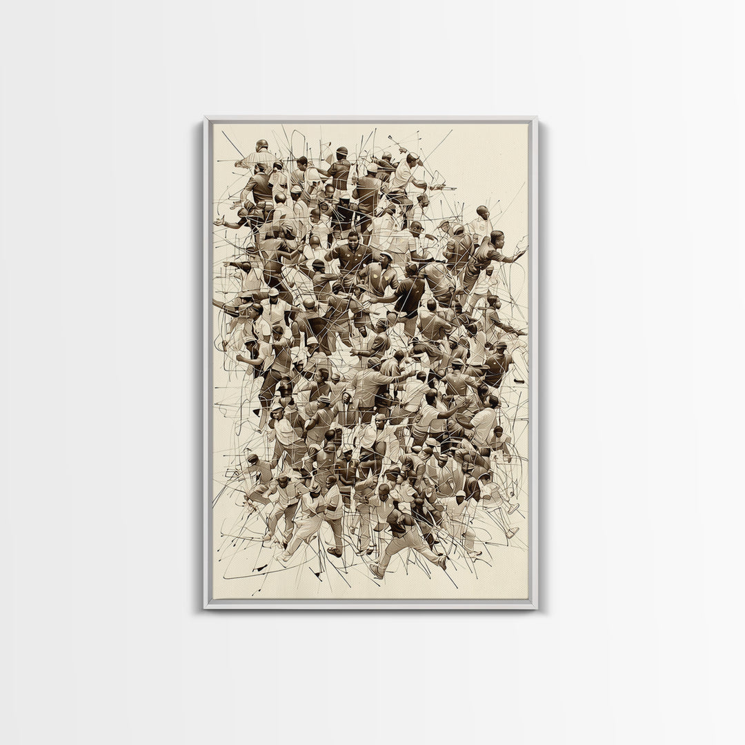 Sepia Community Crowd Collage Framed Canvas Print, African American Art, Black Culture Wall Decor, Contemporary Office Art