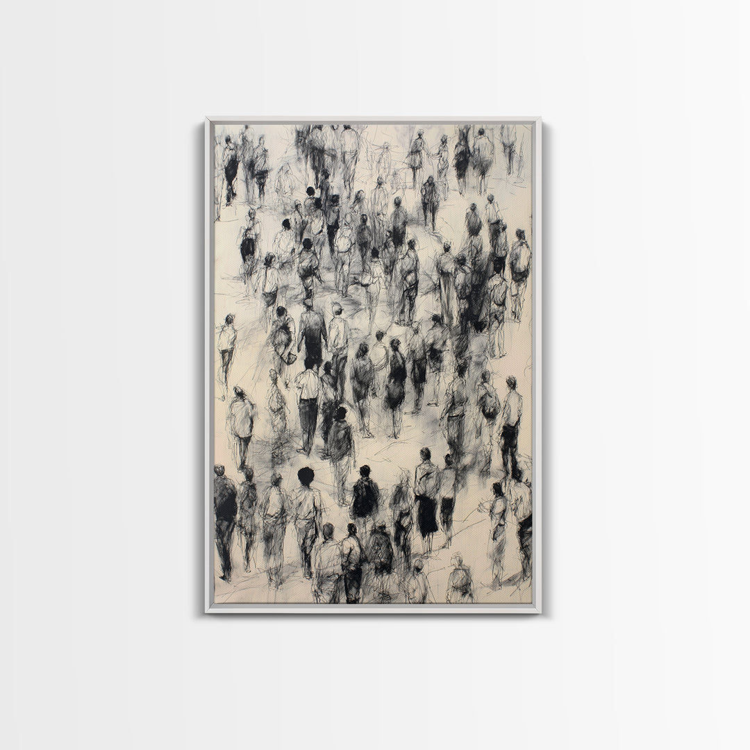 Monochrome Walking Crowd Wall Art, Black And White Figurative Sketch, Minimalist People Decor, Modern Office Art Print Gift