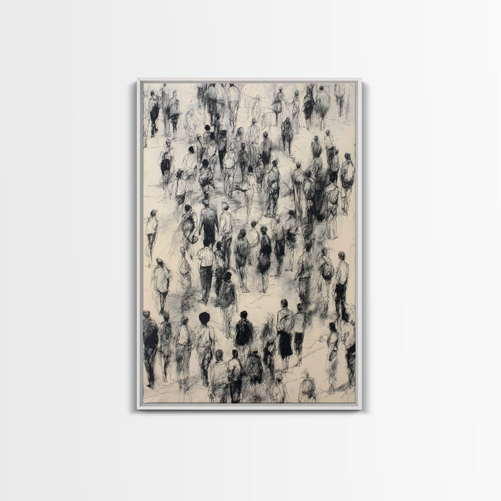 Monochrome Walking Crowd Wall Art, Black And White Figurative Sketch, Minimalist People Decor, Modern Office Art Print Gift