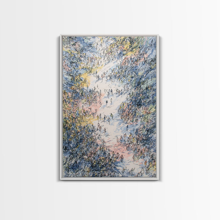 Pastel Valley Gathering Canvas Print, Dreamy Nature Scene With Tiny Figures, African Inspired Wall Decor, Unique Home Art